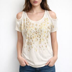Fifth Sun Cream and Gold Leopard Print Cold Shoulder Tee